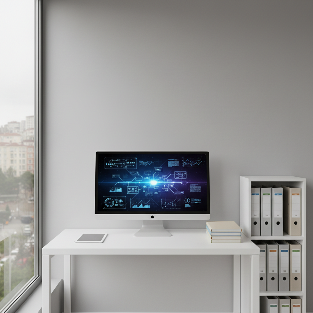 A minimalist learning corner designed for individual professional development: a single, uncluttered white desk against a soft grey wall, holding a large, ultra-thin monitor displaying abstract diagrams and graphs, a closed tablet, and a small stack of neatly aligned training manuals with neutral covers. A compact bookshelf to the side contains organized binders and folders labeled with subtle color accents, hinting at structured learning paths. A large window on the left reveals a blurred view of tree-lined streets and distant Istanbul apartment facades. Diffused overcast daylight creates even, shadow-soft lighting. Photographed straight-on with symmetrical composition and moderate depth of field, the image feels calm, focused, and highly professional, perfectly matching a modern education consultancy brand.
