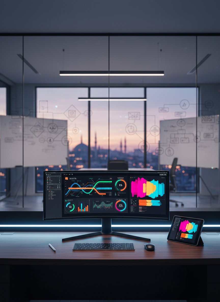 A high-end digital classroom control center in photographic realism, featuring a curved ultrawide monitor on a dark walnut desk, showing an abstract dashboard of training progress bars and engagement metrics without readable text. Surrounding the monitor are a wireless keyboard, stylus, and a tablet propped up with colorful, blurred presentation slides. In the background, a glass partition reveals an airy office with whiteboards filled with faint schematic shapes, symbolizing strategy and coaching. Cool, balanced LED lighting combines with subtle evening city glow filtering through a distant window, hinting at Istanbul’s urban landscape. Shot from a slightly low, cinematic angle with shallow depth of field, the scene conveys innovation, data-driven learning, and strategic consultancy in a sophisticated, tech-forward mood.