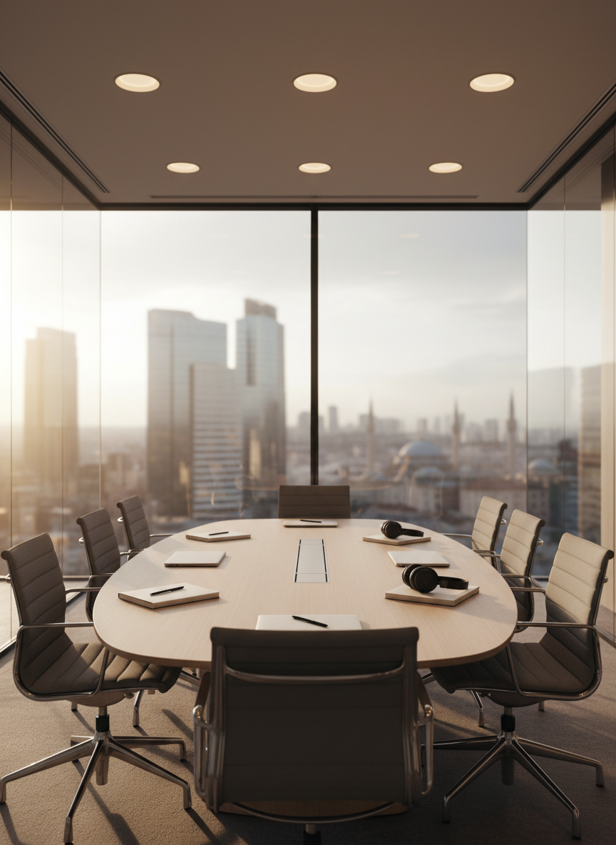 A contemporary meeting table crafted from light ash wood in a glass-walled office, symbolizing collaborative learning and consultancy without showing any people. Around the table sit ergonomic chairs, each with a closed laptop, a notebook, and a pair of noise-cancelling headphones resting neatly, suggesting diverse professionals in an Istanbul business district. Through the expansive windows, a faint, recognizable silhouette of Istanbul’s skyline appears, including modern towers and distant domes, gently blurred. Late afternoon natural light streams in, balanced with discreet recessed ceiling lights, creating a bright yet comfortable ambience. Captured from a slightly elevated, wide-angle perspective, the composition emphasizes open space, transparency, and continuous development, with clean lines and a modern, professional aesthetic.